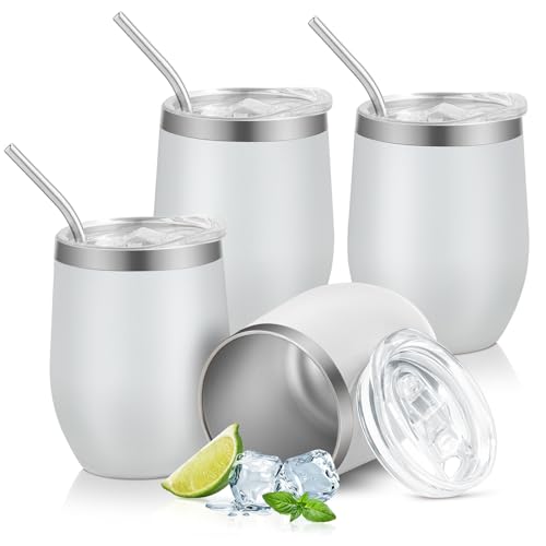 Weingläser Edelstahl 350 ml Weingläser mit Deckel und Strohhalm Vakuumisolierter Tasse Doppelwandige Isolierter Reisebecher Geeignet für Milc (Weiße)