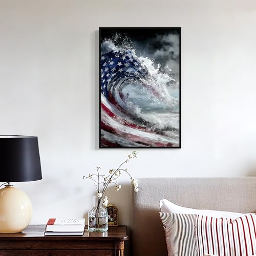 Image of American Flag Canvas Wall Art, 4th of July Patriotic Poster Print, USA Flag Ocean Waves Abstract Picture, Modern Independence Day Wall Decor for Bedroom Living Room 12x16in Wrapped Canvas