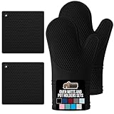 GORILLA GRIP BPA-Free Soft Silicone Oven Mitts and Pot Holders Sets of 4, Heat Resistant Waterproof Cooking Gloves, Thick Cotton Lining, Flexible Gripping for Baking Grilling, Kitchen Trivets, Black