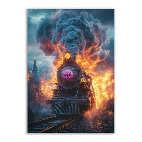 Train squelette sur la route tableau Halloween violet grand format pour habiller un mur vide
