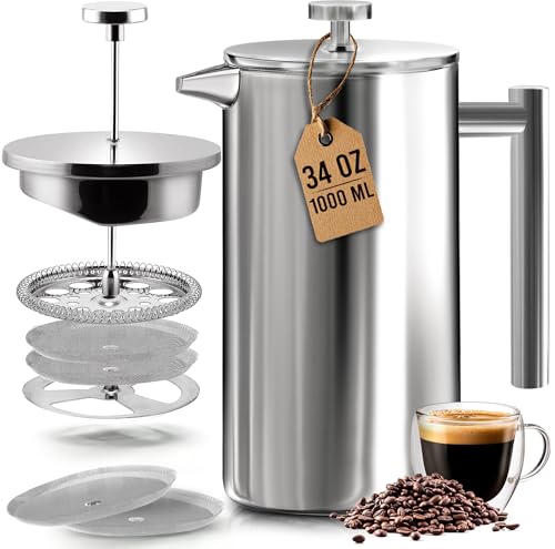 KICHLY 34 OZ French Press, Stainless Steel Double Walled Insulated Coffee Press with Refined...