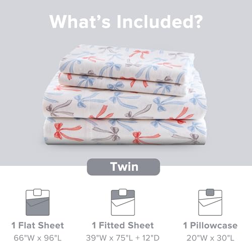 Image of Intelligent Design Flannel Sheets Twin, Cozy Soft 100% Cotton Flannel Bedding, Printed Warm Twin Sheets Set, Ultra Soft Cold Weather Bed Sheet Set, Happy Bows, 3 Piece