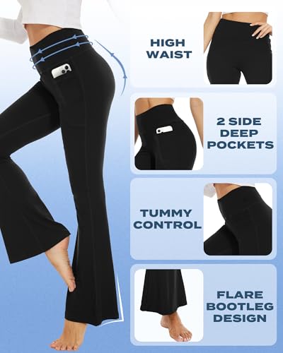 Sundwudu Black Flare Yoga Pants for Women - Soft High Waist Bootcut Leggings Tall & Long Bootleg Pants for Women
