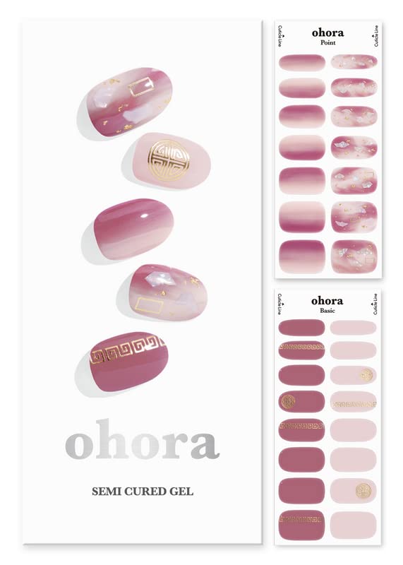 ohora Semi Cured Gel Nail Strips (N Dancheong) - Red, Patterned, Works with Any UV/LED Nail Lamps, Salon-Quality, Long Lasting, Easy to Apply & Remove - Includes 2 Prep Pads, Nail File & Wooden Stick