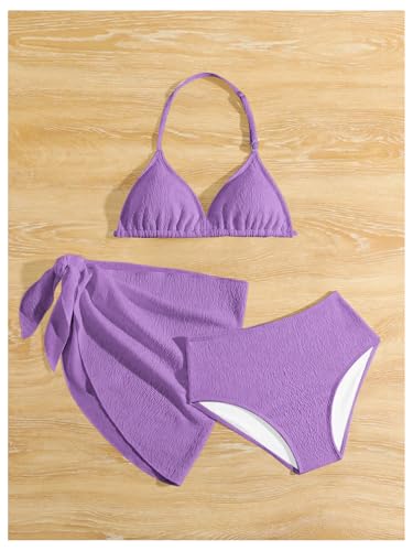 Image of RoseSeek Girl's 3 Piece High Wisted Bikini Set Backless Halter Bathing Suit Swimsuit Set with Cover Up Skirts