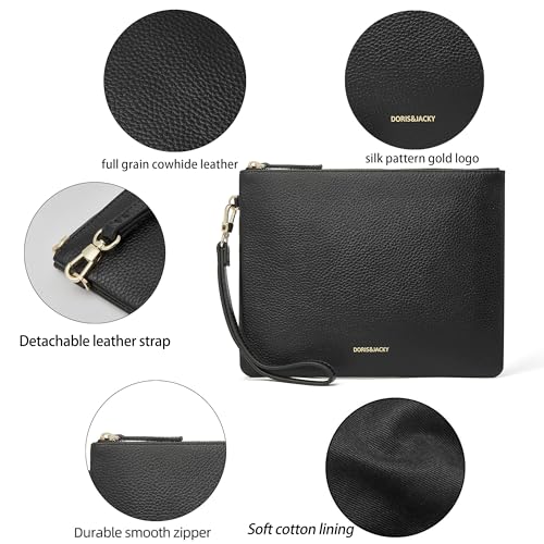 Image of DORIS&JACKY Women Leather Clutch Purse and Phone Wallet with Wristlet Strap | Soft Designer Evening Party Bag, Thin Slim RFID Blocking Cellphone Pouch Case, Formal Casual Handheld Premium Little Purse