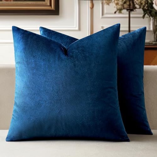 MIULEE 20x20 Inch Velvet Throw Pillow Covers, Pack of 2 - Dark Blue, Super Soft Decorative Square Cushion Cases Modern Luxury Home Decor for Sofa, Couch, Bed, Chair with Invisible Zipper