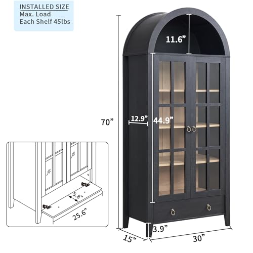 Image of 70 inch Tall Arched Cabinet, Modern Farmhouse Wooden Display Cabinet with Glass Doors, 6 Tier Bookshelf with Adjustable Shelves for Living Room, Office, Black