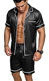 Ekouaer Satin Pajamas Men, Short Sleeve Button Up Silk Lounge Set with Pockets Black X-Large