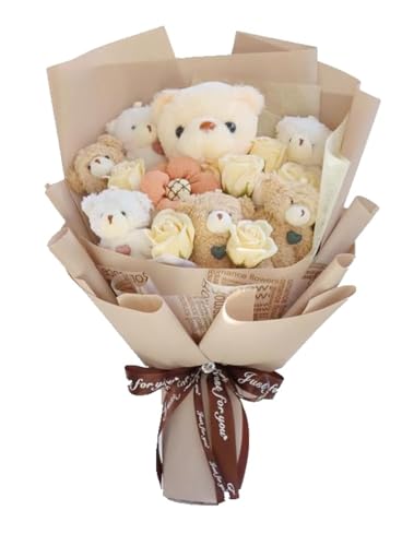 Cute Bear Bouquet - Handmade Plush Bear Bouquet with Cute Soap Flower for Any Occasions, Birthday, Bridal Shower, Graduation etc. (6 Little Bears)