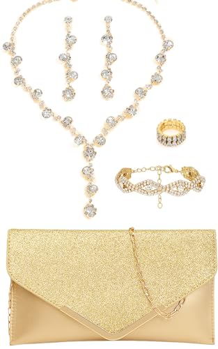 5 Pcs Purse Rhinestone Jewelry Set, RhinestoneClutch Purse Bride Prom Evening Rhinestone Jewelry Set Bling Necklace Earrings Bracelets Set for Wedding, Gold/Silver