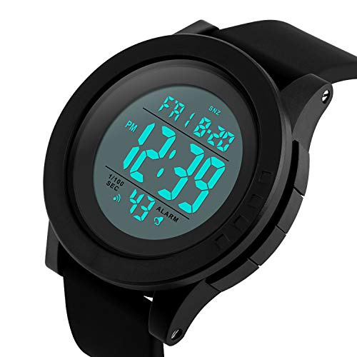 CakCity Mens Digital Sports Watch with Large Face and Large Number, Alarm, Waterproof Stopwatch, Black