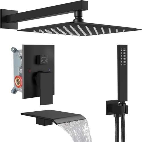 Midanya Rain Shower System with Tub Spout,Tub Shower Faucet Set with rainfall Shower Head and Handheld Spray,Wall Mount Tub Shower Combo Rough-in Valve Included,10 Inch Matte Black