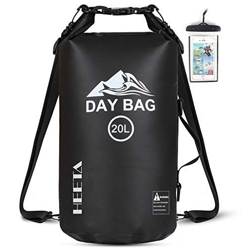 HEETA Waterproof Dry Bag for Women Men, Roll Top Lightweight Dry Storage Bag Backpack with Phone Case for Travel, Swimming, Boating, Kayaking, Camping and Beach (Black 20L)