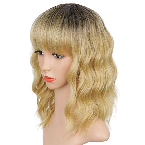 Vigorous Ombre Blonde Wig with Bangs Short Curly Wavy Wig Shoulder Length Curly Bob Wigs Synthetic Wigs for Women Cosplay Halloween