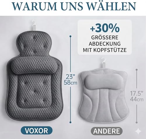 Badewannenkissen für die Wanne, Badewannenkissen für Kopf und Nacken mit weichem 3D-Mesh-Gewebe und 54 rutschfesten Saugnäpfen, entspannendes Wannen- und Duschzubehör Spa Geschenk Grau, Standard