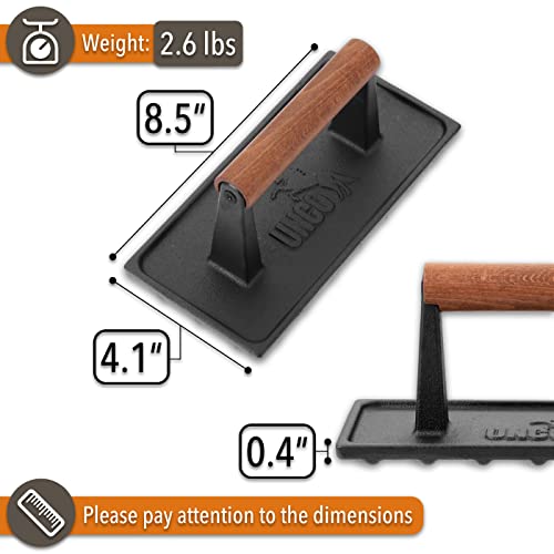 image for UNCO- Cast Iron Grill Press, 8.5 x 4.1 Inch, 2.6 lbs, Burger Press for