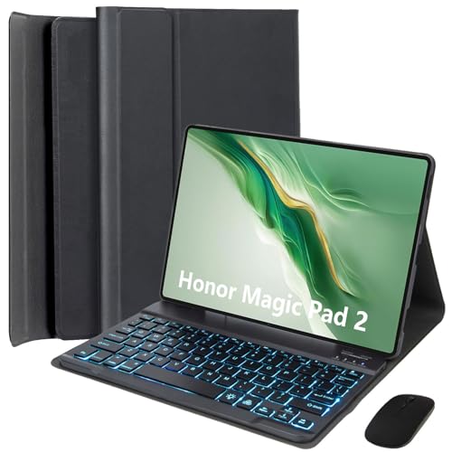 HEKUEUN Funda con Teclado para Honor Magic Pad 2 12,3 Pulgadas Tableta, Español Ñ Teclado Bluetooth Desmontable con Retroiluminación 7 Colores, Funda Tipo Folio Ultrafina Y Ligera con Ratón