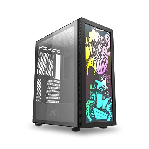 Image of Ant Esports Graffiti Mid- Tower Computer Case /Gaming Cabinet - Black | Supports ATX, Micro-ATX, Mini-ITX | Pre-Installed 1 x 120mm Rear Fan