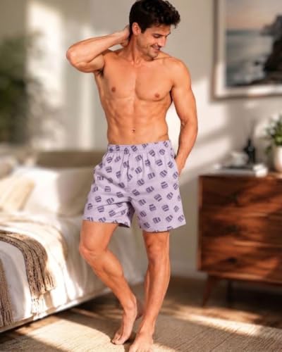 Image of Men's Cotton Boxers | Comfortable Printed Boxer Shorts for Men | Soft Breathable Lounge Boxers | Elastic Waist Relaxed Fit | Men's Sleepwear & Home Wear Boxer Shorts