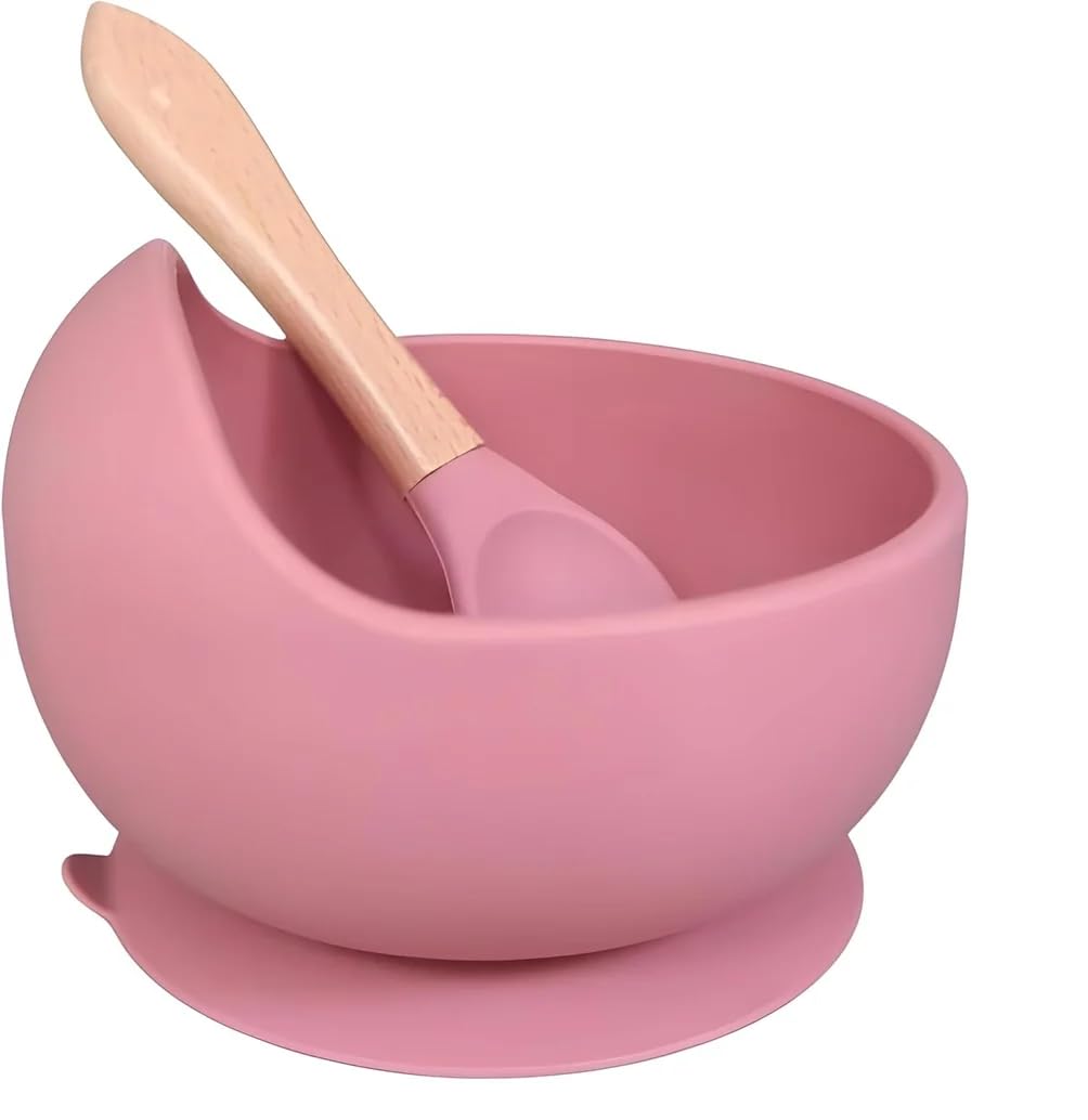Recluse Baby Silicone Suction Pink Bowl with Wooden Handle Spoon, BPA Free Toddler Feeding Bowl with Strong Suction Base, Self Feeding Training Bowl for Babies & Toddlers, Safe Baby Led Weaning Set-image-14