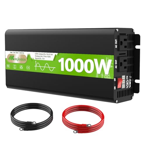 Image of 1000W Pure Sine Wave Inverter - Car Power Inverter 12V DC to 120V AC,Over 95% Efficiency,2 AC Outlets,LED Display,Surge 2000W,Power Inverters for Vehicles,Converter for RV,Truck,Solar,Outdoor