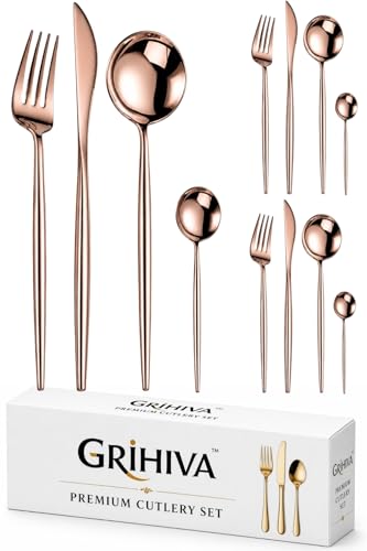 Image of 12 Pcs Rosegold Slim Handle Stainless Steel Cutlery Set for Dining Table with Spoons and Forks Set + Butterknives - The Perfect Tableware /Flatware