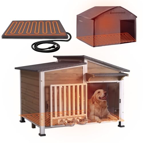 Heated Wooden Dog House with Insulation and Bowls