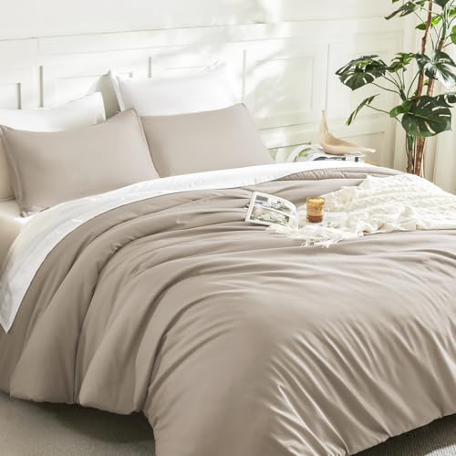 Image of Litanika Comforters Oatmeal Oversized Queen Size, 3 Pieces Lightweight Solid Bedding Comforter Set, All Season Fluffy Bed Set (98x98In Comforter & 2 Pillowcases)