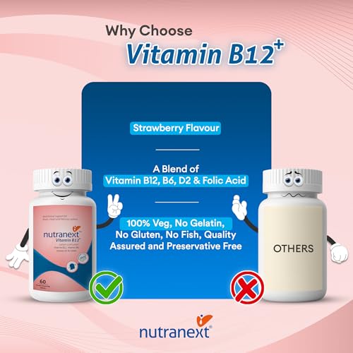Image of Nutranext Vitamin B12 plus Chewable Tablets | with Vitamin B6, Folic Acid & Vitamin D | Supports Energy, Nerve & Brain Health | Strawberry Flavour | 60 Veg Tablets