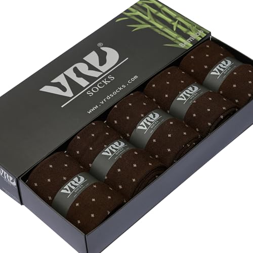 VRD Bamboo Mens Dress Socks for Men, 5-Pack, Dark Brown Crew Length Mid-Calf Socks, Mens Shoe Size 8-13