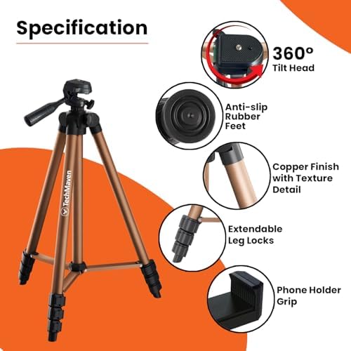 Image of Aluminium Lightweight Tripod Stand (48-134CM) Tripod with Mobile Holder 360 Rotation 3 Way Tilt |for DSLR, Camera, GoPro, Smartphones with Phone Stand & Carry Bag (Copper Color)
