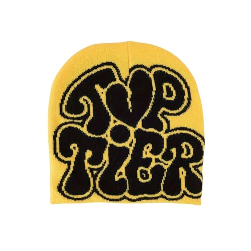 MILLEVIBE Y2K Beanie Top Tier Letter Print-Winter Knitted Hat Cool Grunge Style for Warmth for Men Women (Yellow Black)