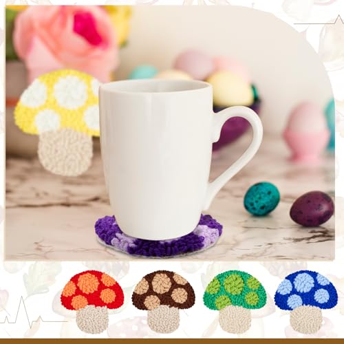 Image of Preboun 8 Pcs Mushroom Punch Needle Coaster Kit, Punch Needle Embroidery Kit for Adults Beginners,DIY Supplies Tufted Coasters Including Yarns Hoop Tools