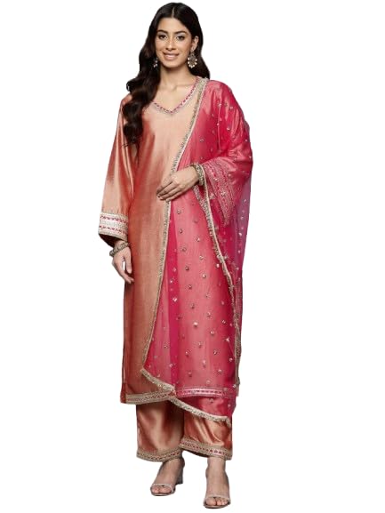 Varanga Women's Peach Gota Embellished Kurta With Bottom And Dupatta