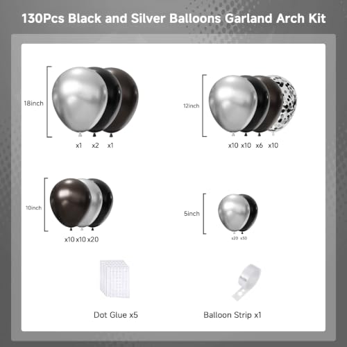 Image of Black and Silver Balloons Arch Kit,130pcs Metallic Black Balloons Garland,Different Sizes Metallic Silver Latex Balloons for Birthday Engagement Baby Shower Wedding Graduation Party Decorations