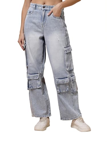 Image of Cargo Blue Jeans for Woman | Straight Cargo Pants with Multiple Pockets | High Rise Denim Jeans for Women