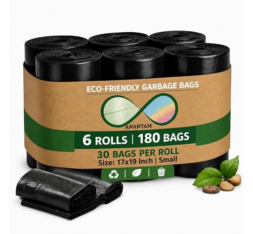 Image of Small Black Garbage Bags 17x19 Inch Trash Bags for Dry & Wet Waste, 180 Bags (6 Roll)