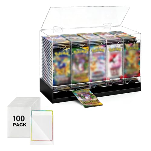GGV 5-Slot Acrylic Booster Pack Dispenser Black Base 200 Pack Capacity Top Flip Lid for Collection Game Store & Card Show Display includes 100 Count Card Sleeves