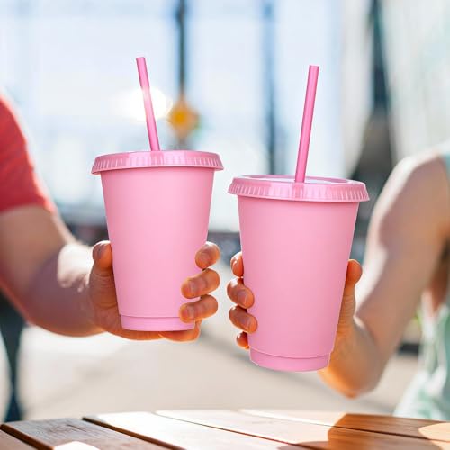 Alohastarttg Reusable Cups with Lids and Straws, 16oz Plastic Party Cups, Holiday Party Favors, Leak-Proof Tumblers, Ideal Happy Birthday Gift, 32 Pack Smoothie Cups (32, Pink) by Alohastarttg - Used condition - Image 4