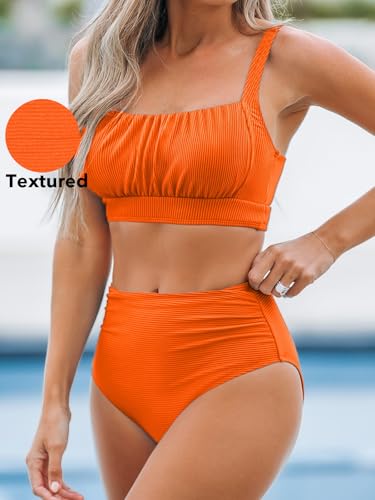 Image of CUPSHE Women's Tummy Control High Waisted Bikini Set Textured Bathing Suit | Removable Soft Cups, Ruched, Adjustable Wide Straps, Ribbed Texture, Twist Back Detail, Full Coverage, Sporty, Beach Vacation