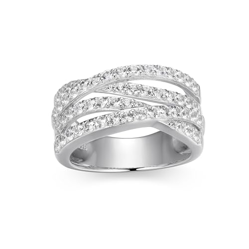 MORGAN & PAIGE .925 Sterling Silver 18K Yellow Gold or Rhodium Plated Created White Sapphire Wedding Rings for Women - Elegant Multi Row Sterling Silver Rings Women Crossover Wedding Band, Size 5-9