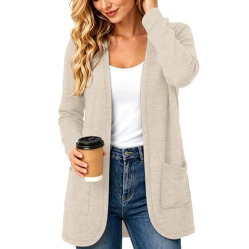 XINGJIAARTS Cardigans for Women Trendy Dressy Long Sleeve Open Front Casual Cardigan Fall Sweater Jacket Clothes with Pockets Beige Small - image 1