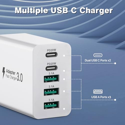 USB C oplader 50W, 5 poorten meervoudige lader metã2 USB-C en 3 USB-Aã, USB C muuroplader, Fast Charge PD 3.0 Power Adapter compatibel met iPhone 12/13/14/15/Samsung/Mobiele telefoons/Tablets - Afbeelding 5