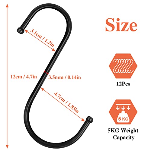 Bolatus 12 Stück S Haken Schwarz 12cm Groß Metallhaken S-förmige Haken zum Einhängen Töpfe und Pfannen Pflanzen in Küche Badezimmer Schlafzimmer Garten