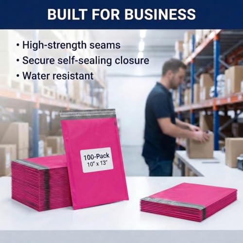 Image of BOX USA Shipping Bags 10 x 13 (100-Pack) Pink - Heavy Duty Self-Adhesive Envelope Poly Mailers for Packing