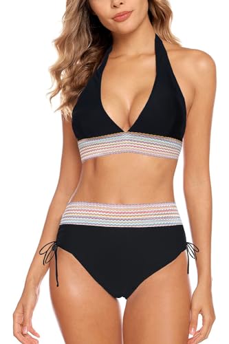 Aidotop Damen Bikini Set Bademode Bauchkontrolle Hohe Taille Bikini Sets Hohe Taille V Ausschnitt Verstellbar Zweiteilig...