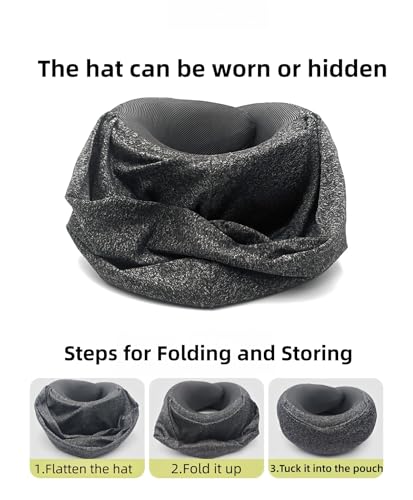 Image of Travel Neck Pillow with Extra Large Hood Rollable Airplane Hooded Neck Pillow with Memory Foam Filling and Removable, Skin-Friendly Cover with a Carrying Pouch (Cationic)