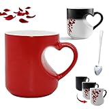 Gienslru Heart-Shaped Color Changing Magic Ceramic Mug, Heat Sensitive Magic Color Changing Coffee Mug with Red Heart Design, Valentine Themed Hearts Shaped Handle Ceramic Coffee Cup (Red)
