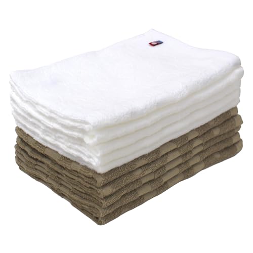 今治タオル フェイスタオル 10枚セット 薄手 速乾 日本製 綿100% おしゃれ かわいい ドット柄 水玉 キッチンタオル 手拭き 汗拭き 旅行 ギフト 粗品 (ホワイト5・ブラウン5,10)